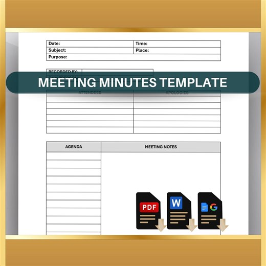 Meeting Minutes Template: Record Remote Team Notes and Agenda for Business (printable PDF, Editable Word, Google Docs)