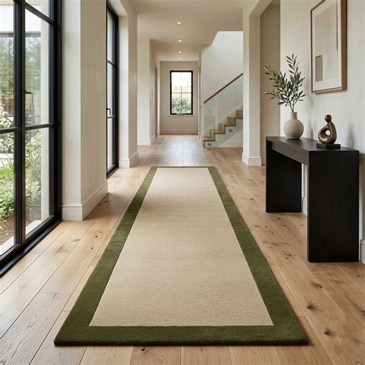 Ivory Olive Green Border Runner Rug, Modern Wool Hallway Carpet, Scandinavian Style Home - Etsy