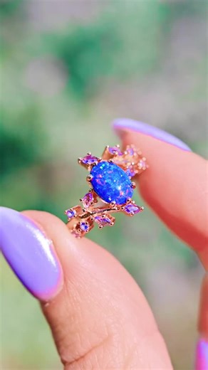 Starry Night Fire Opal & Cornflower Sapphire Engagement Ring for Women- 14K Rose Gold Vermeil Van Gogh Leaf Ring for Her Unique Promise Ring - Etsy