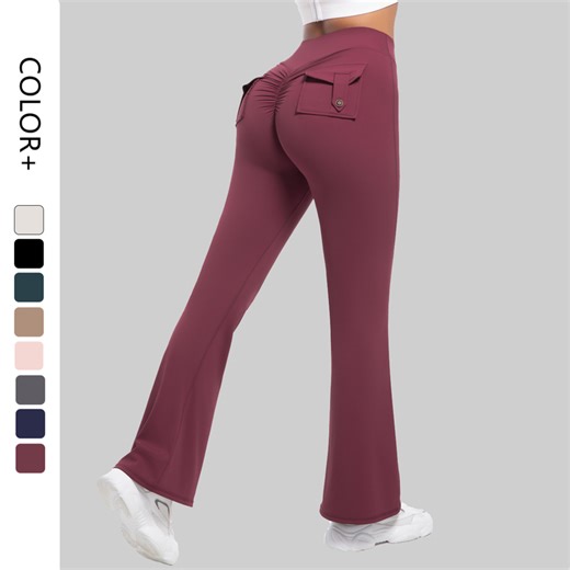 Women High Waist Yoga Flare Pants Lady Scrunch Butt Running Bell Bottom Female Tight Pocket Gym Wide Leg Trousers Leggings