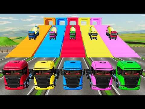 Transporting Colorful Mixer Trucks & Double Flatbed Trailers on Dangerous Terrain FS22 #85