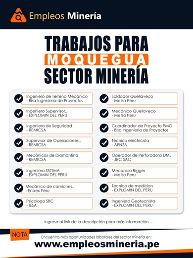 Empleos del sector minería en Moquegua Aquí te compartimos las últimas ofertas laborales de empresas y contratistas mineras en la región. Si buscas oportunidades en minería dentro de la región de Moquegua, encuéntralas todas aquí 👇 🔗 https://www.empleosmineria.pe/trabajos-en-moquegua-18?page=1&sort=1-id#ofertas 💼✨ Tu próxima oportunidad puede estar más cerca de lo que imaginas.
