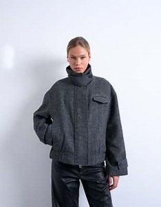 Topshop wool blend bomber jacket with tab detail in charcoal | ASOS