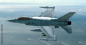 Powerful Military Fighter Jet in Swift Industrialized City Flyover. War And Air Force Related 4K 3D Animation.