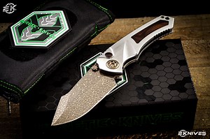 Heretic Knives Custom "Pariah" Dual Action Ironwood Inlay 4" Bronze Ball Bearing Damascus