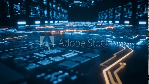 Microchip on pcb glows and pulses. Processor transfers data along trace. Network lights map active routing. Component nodes display energy flow and module-level activity. Layer timing maps silicon.