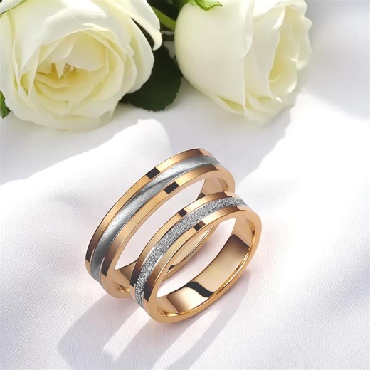 Two-tone Gold Wedding Band Set: Sandblasted & Brushed Finish, 4.5mm