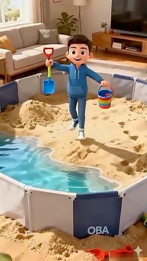 His dad made a beach at home 😎