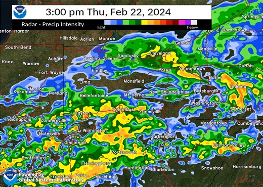 This simulated radar forecast shows rain filling back in across Central Ohio this afternoon before eventually ending from northwest to southeast this evening. Take an umbrella if you're heading out today. | US National Weather Service Cleveland OH