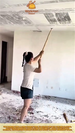 Skilled Worker Scraping Ceiling Plaster Using Long Handle Tool
