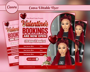 Flyer de réservation de février, Flyer de réservation pour la Saint-Valentin, Réservation de février, Flyer d'offres de vacances, Maquillage, Coiffure, Cils, Ongles, Toile modifiable - Etsy France