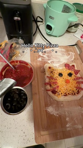 Trying to making cooking fun 🙈 hello kitty pizza didn’t turn out the way I wanted but maybe I use another cheese next time 😆