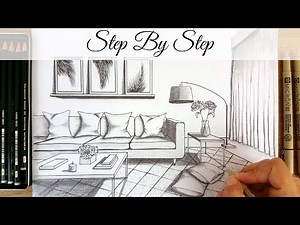 How To Draw A Modern Living Room In One Point Perspective | Step By Step