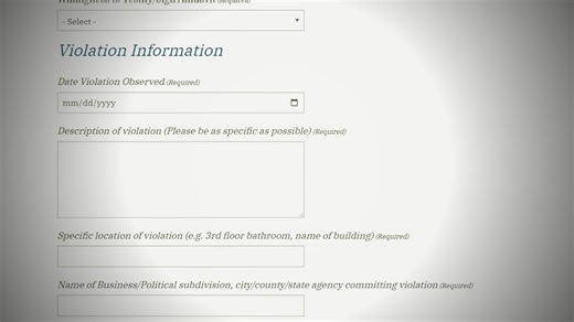 'Bathroom bill' tip violation form on Texas AG's website