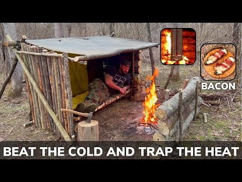 Solo Overnight Building a Bushcraft Shack in the Woods to Trap the Heat and Bacon Jalapeno Poppers