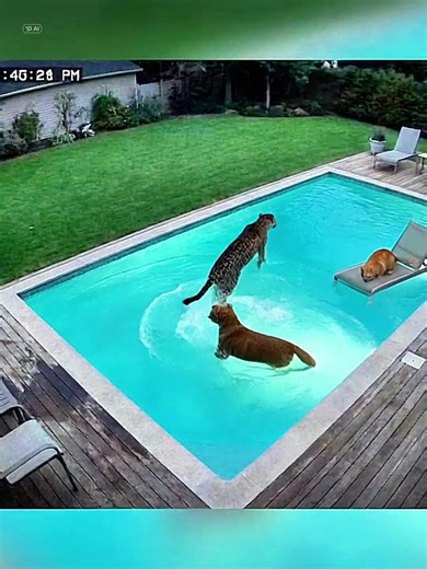 Orange Cat Sunbathing… Then a Cougar and Jaguar Crash the Pool