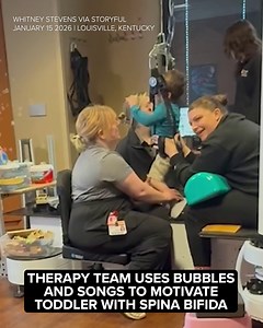 A therapy team used soap bubbles and songs to motivate a toddler with spina bifida during a therapy session in Kentucky. Footage taken by the toddler’s mother, Whitney Stevens, shows him happily enjoying his session as the therapy team keeps him entertained. “It’s the sweetest thing to watch as the parent," she said. 💕 | ABC7