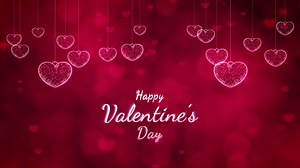 Valentine's day text reveals abstract red background, Red Heart shaped swaying and particles flowing for Valentine's day