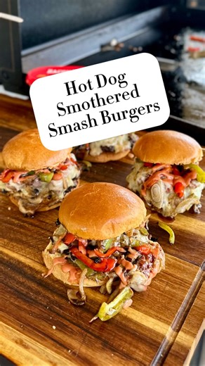 Hot Dog Smothered Smash Burgers! The perfect compromise when ya can’t make up your mind. Have both! Heat on Medium High Season griddle (I use @baconupbacongrease) Smash 4 @k4gourmetbeef 1/4 lb burgers 6 K4 Gourmet all beef hot dogs slotted and halved 1 green 1 red bell pepper 1 sweet onion 8 slices white American cheese Toasted brioche buns Pickles Burger Sauce = ketchup Mayo sriracha pickle juice Enjoy! #burger #4thofjuly #griddle #independenceday #jesus | Nicholas Perrone