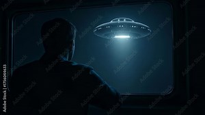 Man watching a UFO from a window, concept of alien encounter and extraterrestrial life, science fiction movie footage