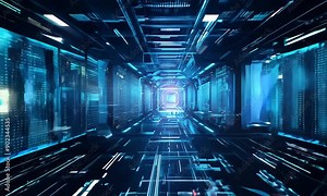 Futuristic sci fi tunnel particle grid Motion data center, server, internet, speed Futuristic big data hi tech background. Sci-Fi Virtual Reality technology view display metaverse 4k video