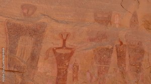 Panning view of the rock art at Sego Canyon petroglyphs near Thompson Springs, Utah.