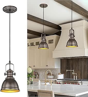 Pendant Lights Kitchen Island, Farmhouse Hanging Lights Fixtures with Metal Shade, Rustic Kitchen Pendant Lighting Over Island for Dining Room, Oil Rubbed Bronze, AD-2151-1P-ORB
