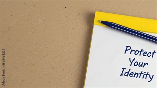 A notepad with the message Protect Your Identity written on it, accompanied by a pen on a flat surface, conveying a sense of caution and security.