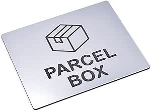 Parcel Box Sign Adhesive Sticker Notice, Silver engraved with Universal Icon Symbol and Text (Size 5" x 4")