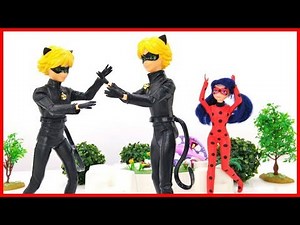 Miraculous Ladybug doll in Trouble. Cat Noir's Twin. Kids pretend to play with dolls
