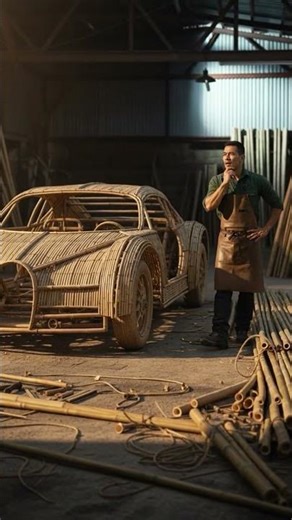 A life-size bamboo vehicle video of a Bugatti La Voiture Noire #automobile #ai #handmadecraft #car