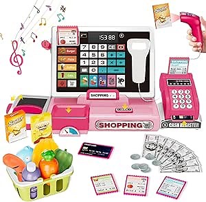 Cash Register Playset Toy for Kids, Real Calculator Register, Pretend Play Store with Music, Scanner, Play Money, Food, Preschool Learning Toy Playset Gift (Pink)