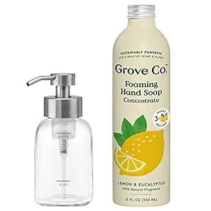 Grove Co. Foaming Hand Soap Concentrate (12 Fl Oz) + Reusable Glass Soap Dispenser, Plastic-Free Liquid Refillable Starter Kit, Natural Lemon & Eucalyptus Fragrance