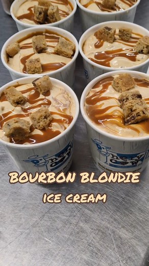 😍 BOURBON BLONDIE 🥃 Bourbon Ice cream with big chunks of pecan chocolate chip Blondie cookies, finished off with a bourbon infused caramel swirl. Don't worry, it's less than 1% alcohol, so you can enjoy this bourbon treat on your lunch break or while treating the kids 🍨 Available in pints and scoops at all locations: Gloucester, Burlington, Peabody, Dennisport. | Holy Cow Ice Cream Cafe