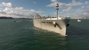 4k oil and chemical transport ship sailing the pacific ocean, view from the bow and stern