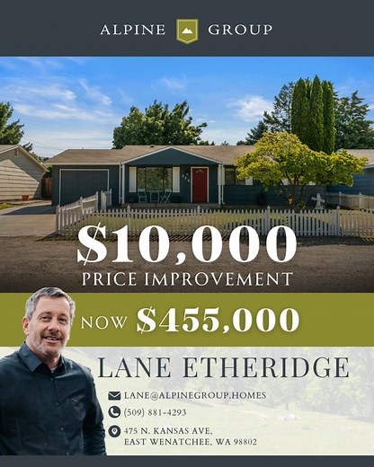 朗 $10,000 PRICE IMPROVEMENT‼️ 朗 Convenient Living near schools & amenities ✨  3 Bed  1.75 Bath  1,200 SqFt ⛰ 0.21 Acres Discover this charming 1,200 sq ft home, perfectly situated for convenience. ☎ Call listing agent Lane Etheridge @ (509) 881-4296 to schedule a private tour today!  https://lane.alpinegroup.homes/homes-for-sale/WA/east-wenatchee/98802/475-n-kansas-ave/bid-21-2403223 | Alpine Group | Facebook