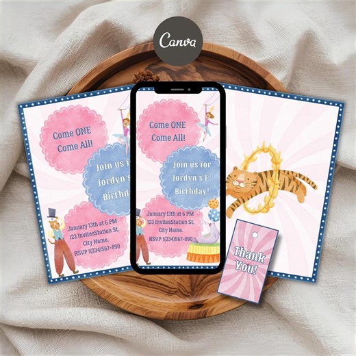Circus Birthday Invitation Template, Circus Animal Birthday Invite, Come One Come All Birthday, Canva Template , Free Thank You Tags - Etsy