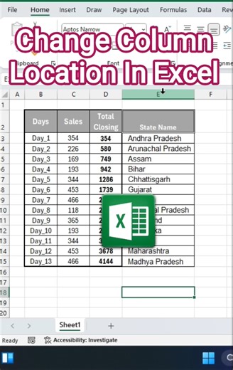 Excel Column Location Change 🔥 Easy Method #shorts #reels #excel #exceltutorial #exceleducation #job