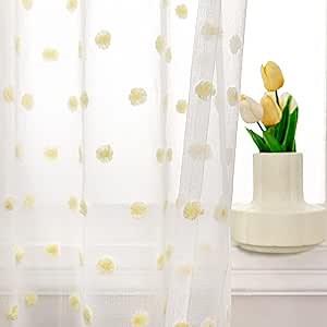 MYSKY HOME Short Curtains for Small Window - 45 Inch Long Pom Pom Sheer Curtains for Bedroom, Living Room, Kitchen, Nursery - Yellow Cafe Panels with Rod Pocket - 2 Sets Voile - 52 x 45 in