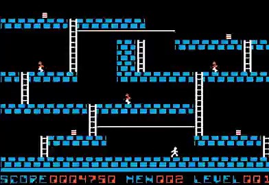 Lode Runner (Broderbund/1983) was released for the Apple II in 1983. Created by Doug Smith, it's a classic strategy/puzzle game with 150 levels, level editor, and iconic gameplay where the player must collect gold while escaping.Very successful and influential, was available for most of the systems through the 80's.