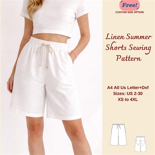 Linen Bermuda Shorts Sewing Pattern, Elastic Waist Summer Shorts, Boxy Shorts, Women Shorts Pattern, XS-4XL - Etsy