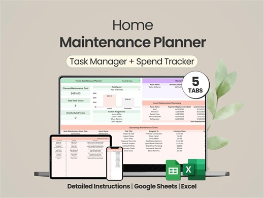 Home Maintenance Planner Google Sheets Task Manager Excel Property Management Tracker Template Home Repair Spreadsheet Maintenance Log - Etsy