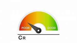 Detailed illustration of a credit score meter with pointer. Motion graphics.