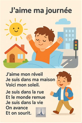 ’aime ma journée – Chanson pour enfants 📖 Une chanson joyeuse pour bien commencer la journée ! Les enfants chantent leur réveil, la maison, le soleil et la vie qui bouge. Une comptine rythmée et positive pour apprendre à aimer chaque moment du quotidien. Parfaite pour les activités de classe, les rituels du matin ou les séances de chant à l’école. 🔖 #ChansonPourEnfants #ComptineFrançaise #JaimemaJournée #ÉcoleMaternelle #ChansonÉducative #ApprentissageLudique #ÉveilMusical #RituelDuMatin #Chan