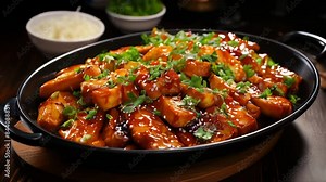 Traditional japanese udon noodle bowl with crispy fried tofu, meatballs, wakame seaweed and onion