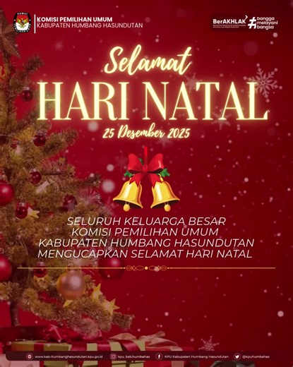 Komisi Pemilihan Umum Kab. Humbang Hasundutan on Instagram: "#TemanPemilih, segenap jajaran Komisi Pemilihan Umum Kabupaten Humbang Hasundutan mengucapkan Selamat Hari Natal, 25 Desember 2025. Semoga perayaan Natal membawa damai, sukacita, dan pengharapan, serta memperkokoh semangat persatuan dan kebersamaan dalam kehidupan berbangsa dan bernegara. #KPUMelayani #KPUKabupatenHumbangHasundutan"