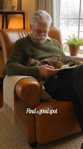 The Cat Chose Grandpa’s Lap — No Permission Needed 😅🥰 A white grandpa relaxes on his chair reading quietly when a cat jumps onto his lap without warning. The grandpa freezes, looks down, then slowly smiles and puts the book aside. The cat circles once and settles comfortably, clearly deciding the moment belongs to both of them. #CatLovers #SeniorMoments #FunnyCats | Golden Paw Moments