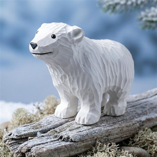 Hand Carved Wooden Polar Bear Figurine - White Bear Statue - Winter Wonderland Decor - Cabin Ornament - Etsy