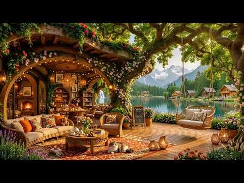 Early Spring Morning Coffee Porch Ambience by Lakeside | Tranquill Jazz Piano Music for Relax, Work