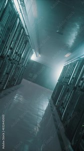 3D render slow rotating camera movement through a modern, low-lit server room in data center. Large racks with servers. Big data and remote cloud computing concept. Vertical shot.